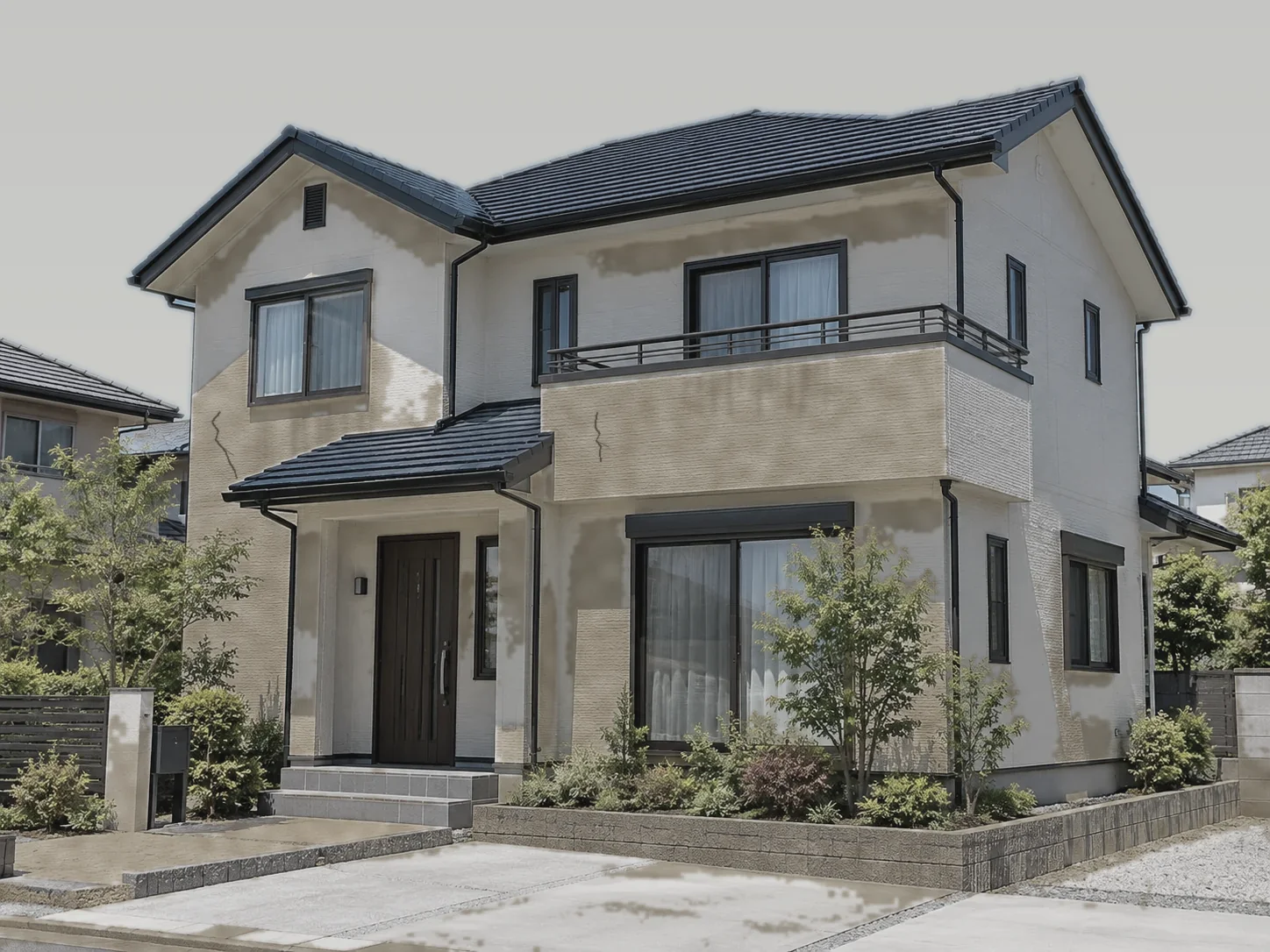 色あせ・ひび割れのある塗装前の家